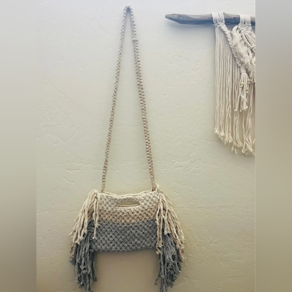Handcrafted Cream and Gray Fringe Bag